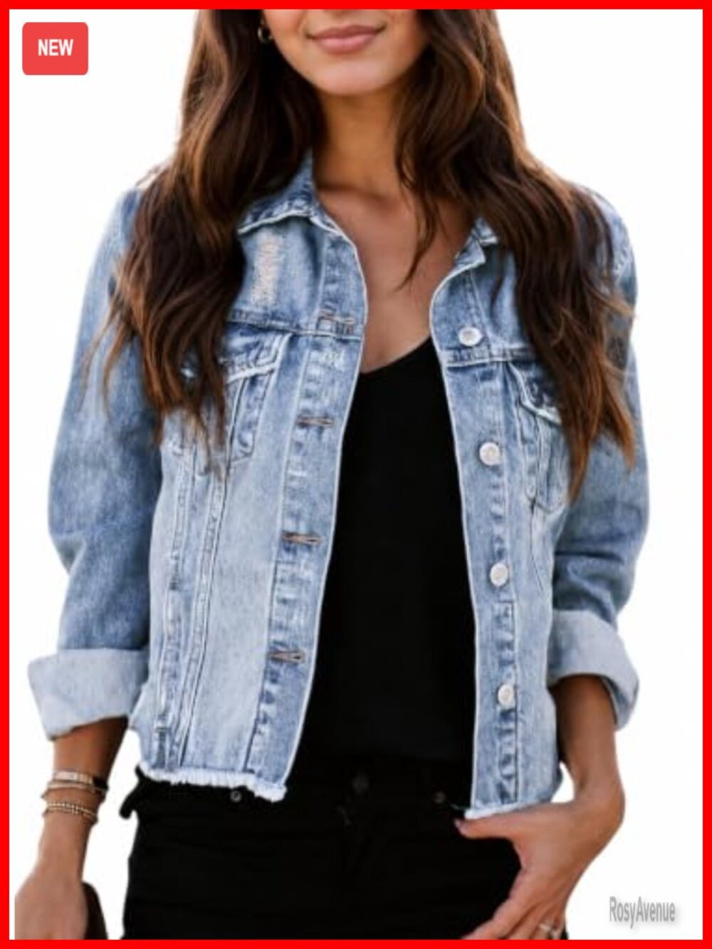 Distressed Women's Denim Jacket Button Down Long Sleeve Western Cowboy Coat